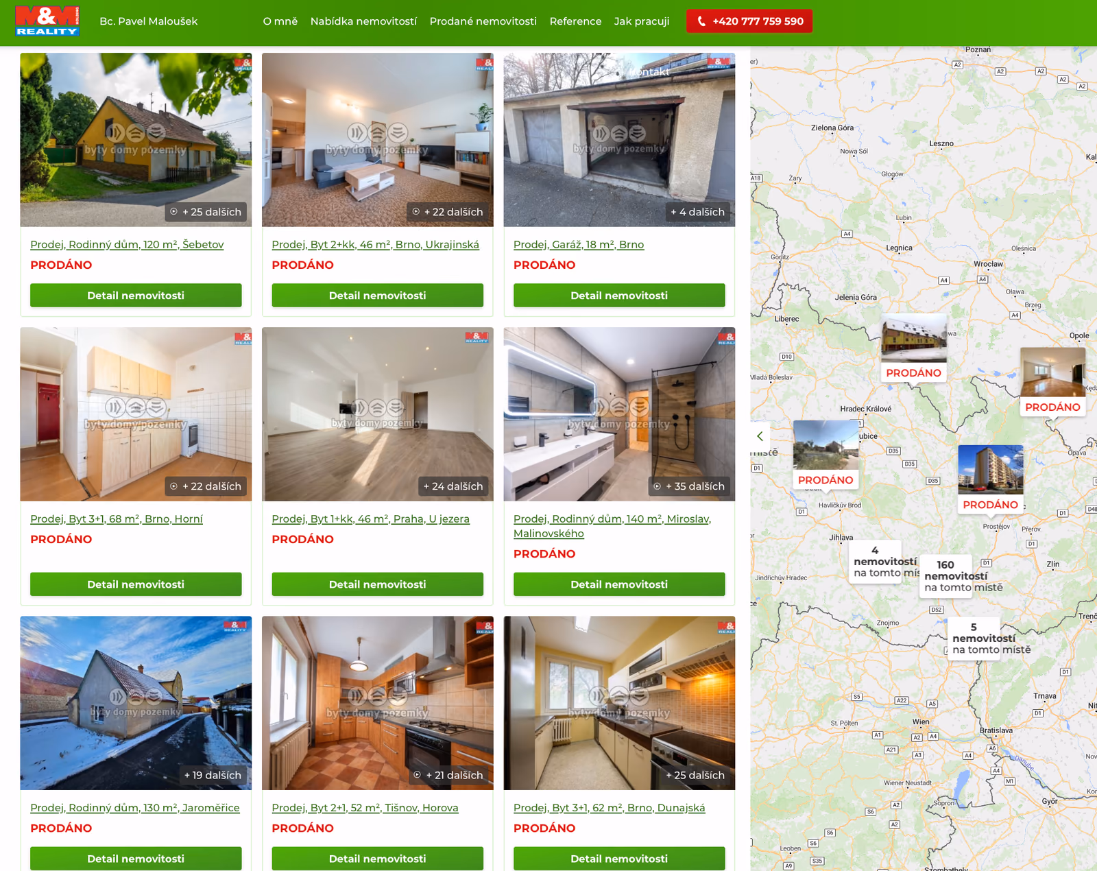 Screenshot profilu Bc. Pavel Maloušek na starém webu M&M reality — karty prodaných nemovitostí se štítkem PRODÁNO a mapa prodejů
