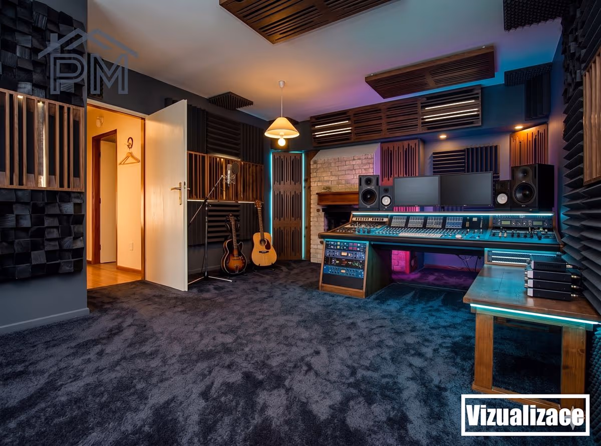 Vizualizace pokoje s krbem — příklad využití jako hudební studio