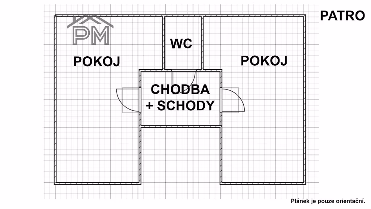 Orientační půdorys patra — dva pokoje, chodba se schody a samostatné WC