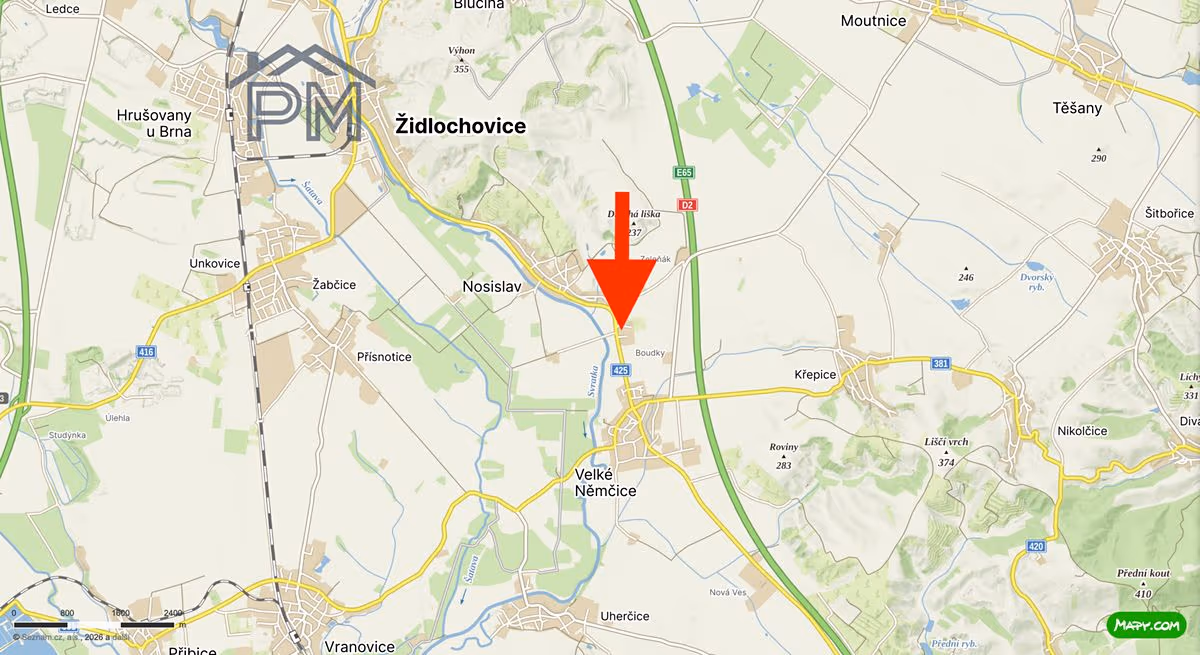 Mapa s vyznačenou polohou — Velké Němčice u silnice 425, nedaleko dálnice D2