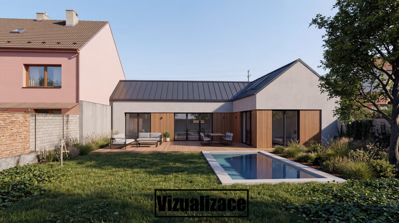 Vizualizace možné zástavby — moderní přízemní rodinný dům s plechovou střechou, dřevěným obkladem, terasou a bazénem na zahradě