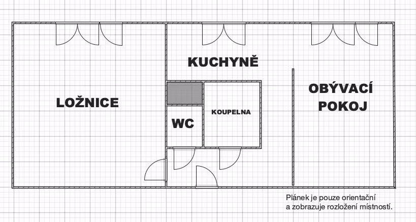 Orientační půdorys bytu 2+kk — ložnice, kuchyně s obývacím pokojem, koupelna a samostatné WC
