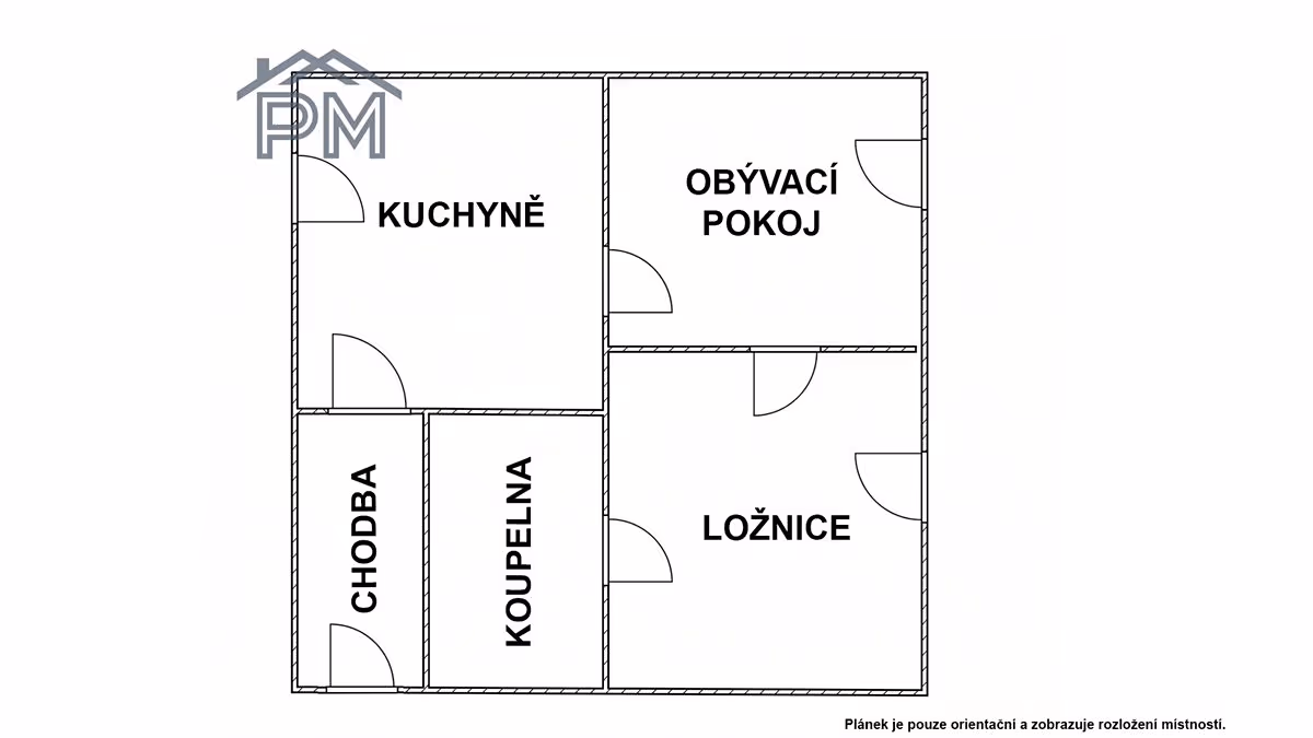 Půdorys bytu 2+1 — kuchyně, obývací pokoj, ložnice, chodba a koupelna (orientační)