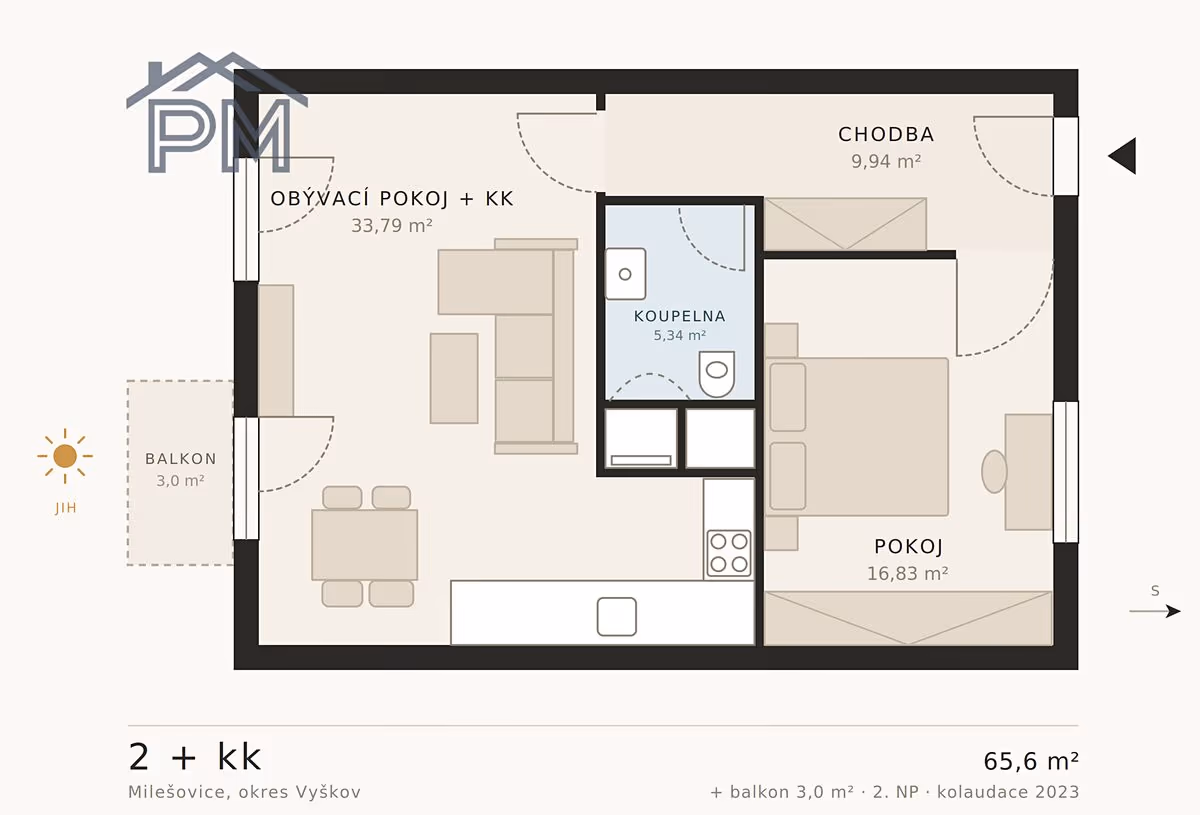 Půdorys bytu 2+kk, 65,6 m² — obývací pokoj s kk, pokoj, koupelna, chodba a balkon (orientační)