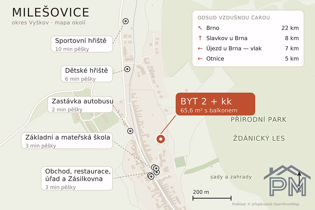 Mapka Milešovic s pěší dostupností školy, zastávky, obchodu a hřišť a vzdálenostmi do Brna a Slavkova