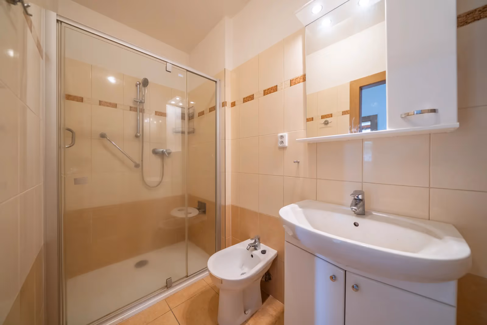 Koupelna v přízemí — sprchový kout, bidet a umyvadlo se zrcadlovou skříňkou
