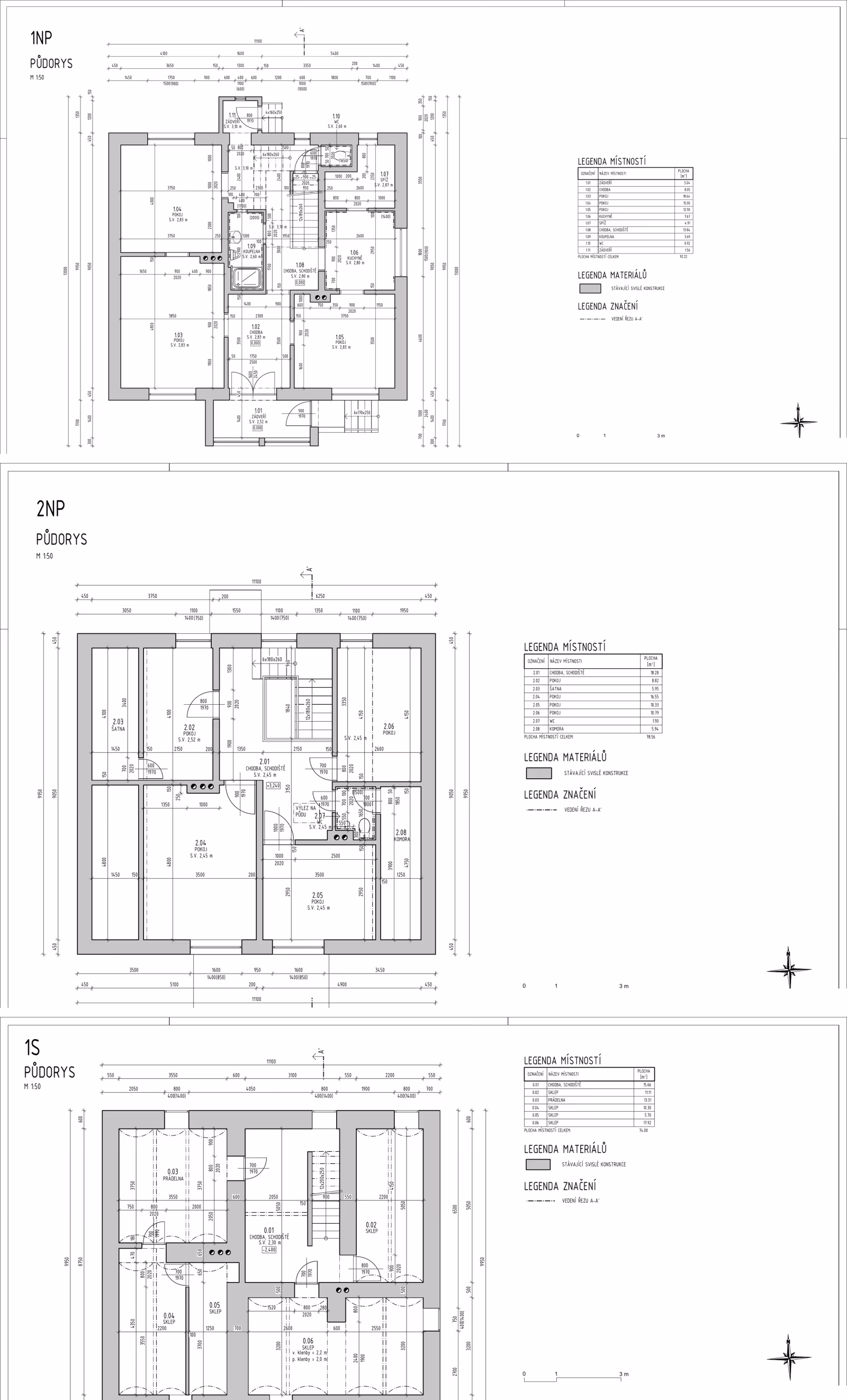 Půdorys domu: přízemí 92,22 m², patro 78,56 m², suterén 74,00 m² — z pasportu stavby (červenec 2024)